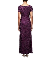 Alex Evenings Sequin Floral Lace Ribbon Rosette Round Neck Short Sleeve Gown