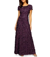 Alex Evenings Sequin Floral Lace Ribbon Rosette Round Neck Short Sleeve Gown