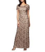 Alex Evenings Sequin Floral Lace Ribbon Rosette Round Neck Short Sleeve Gown