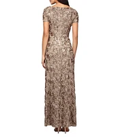 Alex Evenings Sequin Floral Lace Ribbon Rosette Round Neck Short Sleeve Gown