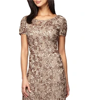 Alex Evenings Sequin Floral Lace Ribbon Rosette Round Neck Short Sleeve Gown