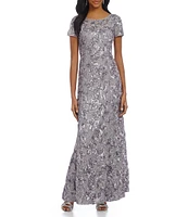 Alex Evenings Sequin Floral Lace Ribbon Rosette Round Neck Short Sleeve Gown