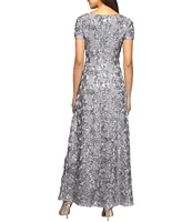 Alex Evenings Sequin Floral Lace Ribbon Rosette Round Neck Short Sleeve Gown