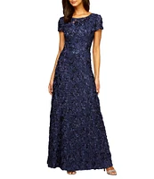 Alex Evenings Sequin Floral Lace Ribbon Rosette Round Neck Short Sleeve Gown