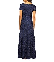 Alex Evenings Sequin Floral Lace Ribbon Rosette Round Neck Short Sleeve Gown