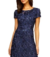 Alex Evenings Sequin Floral Lace Ribbon Rosette Round Neck Short Sleeve Gown