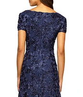 Alex Evenings Sequin Floral Lace Ribbon Rosette Round Neck Short Sleeve Gown