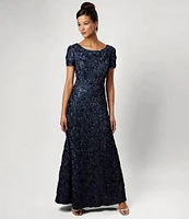 Alex Evenings Sequin Floral Lace Ribbon Rosette Round Neck Short Sleeve Gown