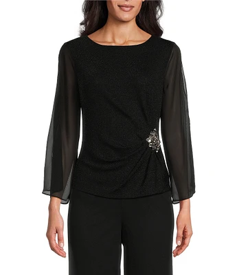 Alex Evenings Sheer 3/4 cold Shoulder Sleeve Crew Neck Metallic Knit Beaded Detail Blouse