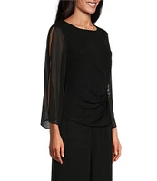 Alex Evenings Sheer 3/4 cold Shoulder Sleeve Crew Neck Metallic Knit Beaded Detail Blouse