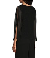 Alex Evenings Sheer 3/4 cold Shoulder Sleeve Crew Neck Metallic Knit Beaded Detail Blouse