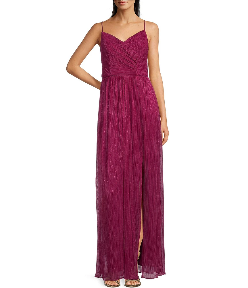 Alex Evenings Shimmer Sleeveless Spaghetti Strap Sweetheart Neck Front Slit Pleated Gown