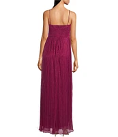 Alex Evenings Shimmer Sleeveless Spaghetti Strap Sweetheart Neck Front Slit Pleated Gown