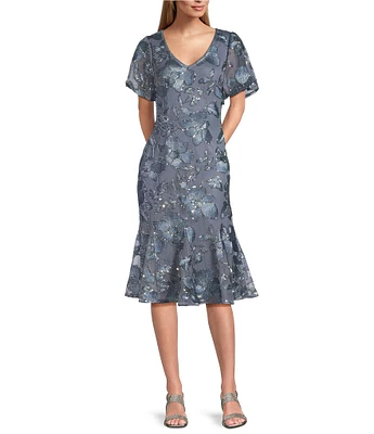 Alex Evenings Short Flutter Sleeve Embroidered Tulle Fit And Flare Midi Dress