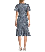 Alex Evenings Short Flutter Sleeve Embroidered Tulle Fit And Flare Midi Dress