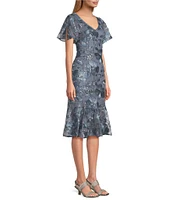 Alex Evenings Short Flutter Sleeve Embroidered Tulle Fit And Flare Midi Dress