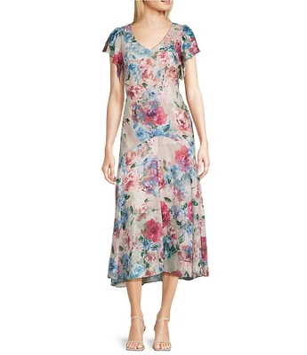Alex Evenings Short Flutter Sleeve V-Neck Floral Drop Waist Midi Dress