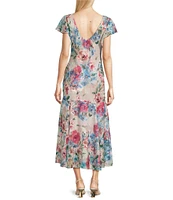Alex Evenings Short Flutter Sleeve V-Neck Floral Drop Waist Midi Dress