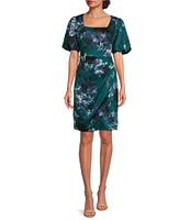 Alex Evenings Short Puff Sleeve Square Neck Floral Dress