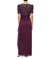 Alex Evenings Short Sleeve V-Neck Soutache Bodice Cascade Ruddle Dress