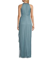 Alex Evenings Sleeveless Beaded Halter Neck Cascading Ruffle Detail Mesh Dress
