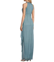 Alex Evenings Sleeveless Beaded Halter Neck Cascading Ruffle Detail Mesh Dress