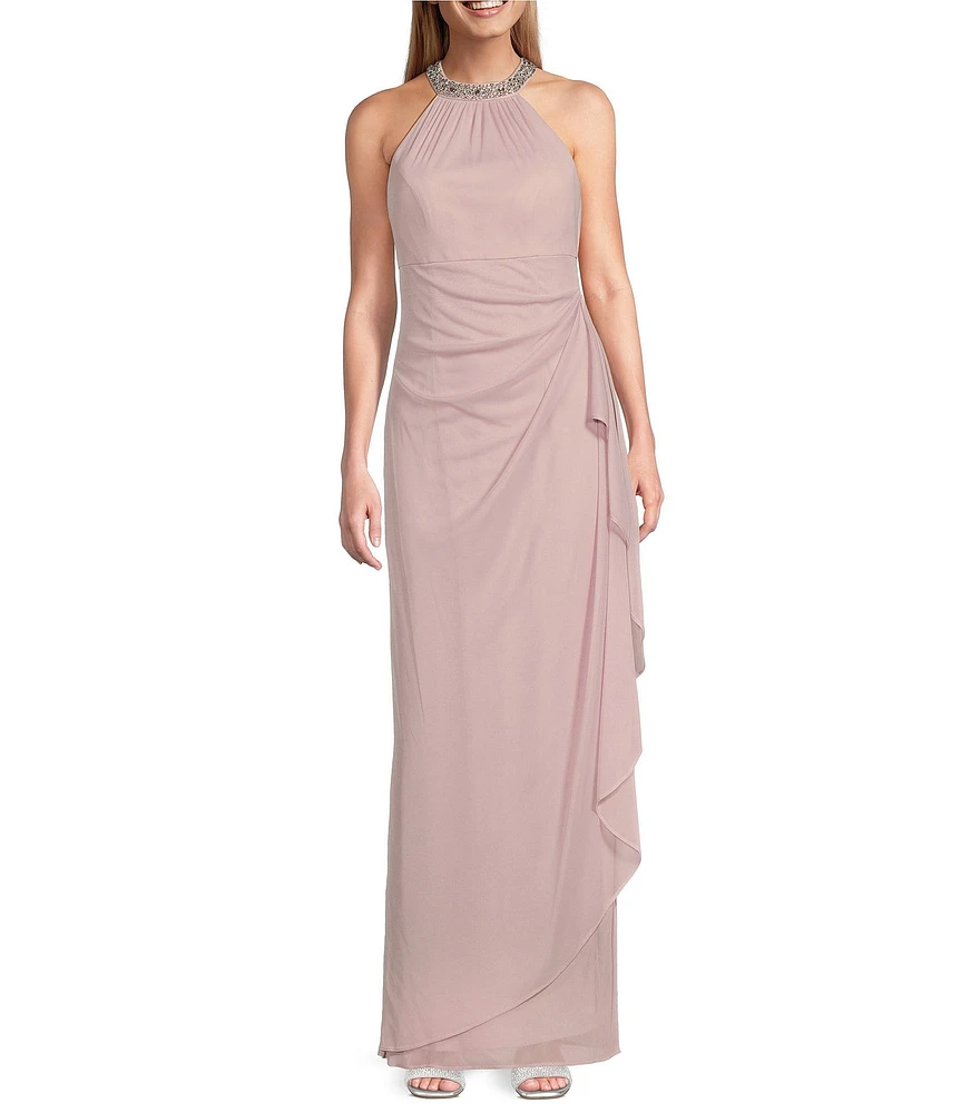 Alex Evenings Sleeveless Beaded Halter Neck Cascading Ruffle Detail Mesh Dress