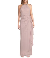Alex Evenings Sleeveless Beaded Halter Neck Cascading Ruffle Detail Mesh Dress
