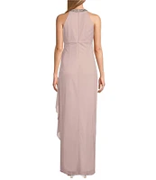 Alex Evenings Sleeveless Beaded Halter Neck Cascading Ruffle Detail Mesh Dress