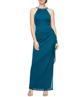 Alex Evenings Sleeveless Beaded Halter Neck Cascading Ruffle Detail Mesh Dress