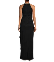 Alex Evenings Sleeveless Beaded Halter Neck Cascading Ruffle Detail Mesh Dress