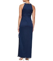 Alex Evenings Sleeveless Beaded Halter Neck Cascading Ruffle Detail Mesh Dress