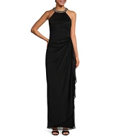 Alex Evenings Sleeveless Beaded Halter Neck Cascading Ruffle Detail Mesh Dress