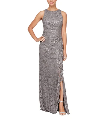 Alex Evenings Crew Neck Sleeveless Cascade Ruffle Thigh High Slit Sequin Lace Stretch Gown