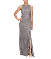 Alex Evenings Crew Neck Sleeveless Cascade Ruffle Thigh High Slit Sequin Lace Stretch Gown