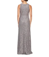 Alex Evenings Crew Neck Sleeveless Cascade Ruffle Thigh High Slit Sequin Lace Stretch Gown