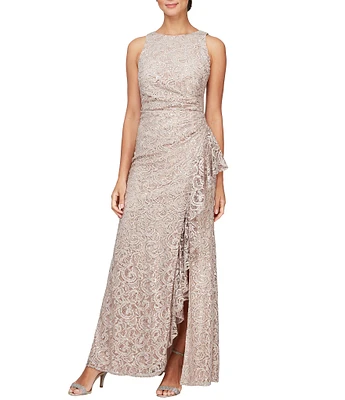 Alex Evenings Crew Neck Sleeveless Cascade Ruffle Thigh High Slit Sequin Lace Stretch Gown