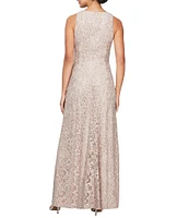 Alex Evenings Crew Neck Sleeveless Cascade Ruffle Thigh High Slit Sequin Lace Stretch Gown