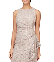 Alex Evenings Crew Neck Sleeveless Cascade Ruffle Thigh High Slit Sequin Lace Stretch Gown