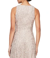 Alex Evenings Crew Neck Sleeveless Cascade Ruffle Thigh High Slit Sequin Lace Stretch Gown