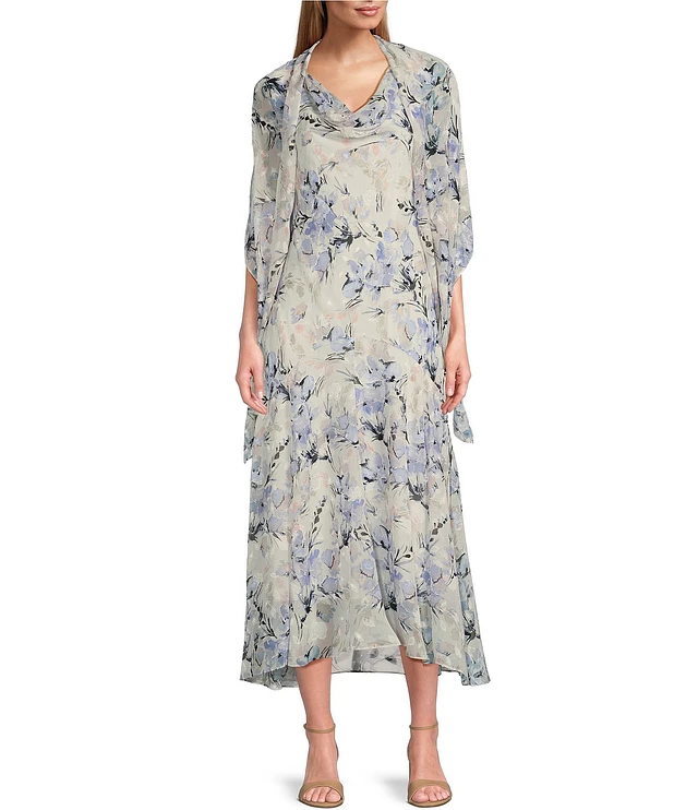 Compare Alex Evenings Cowl Neck Burnout Floral Print Sleeveless Midi Shawl  Dress | Liberty Center