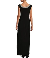 Alex Evenings Sleeveless Embellished Crew Neck Front Slit Gown
