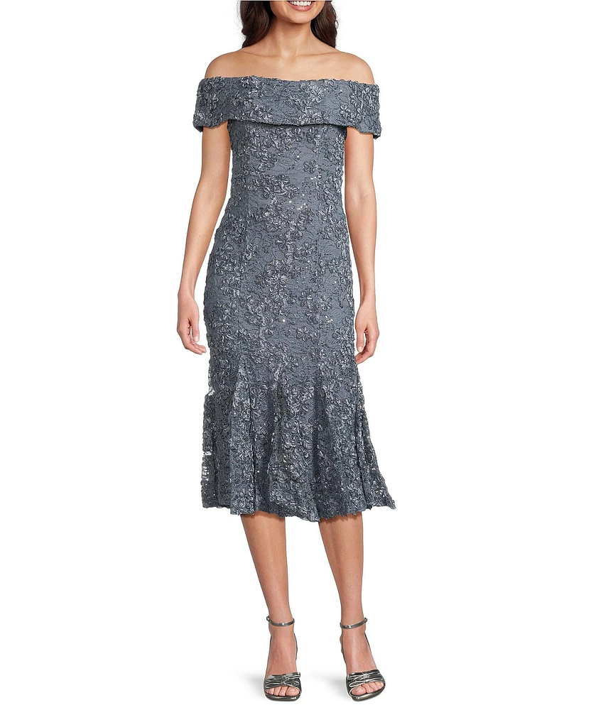 Alex Evenings Soutache Off the Shoulder Short Sleeve Fit and Flare Midi Dress