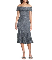 Alex Evenings Soutache Off the Shoulder Short Sleeve Fit and Flare Midi Dress