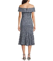 Alex Evenings Soutache Off the Shoulder Short Sleeve Fit and Flare Midi Dress