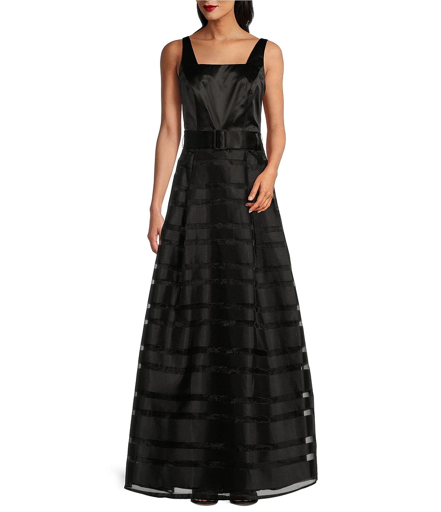 Alex Evenings Square Neck Sleeveless Belted Burnout Organza A-Line Dress