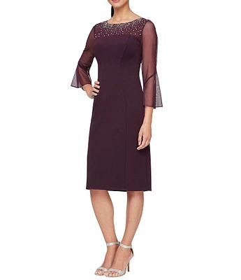 Alex Evenings Stretch Crepe Beaded Illusion Round Neck 3/4 Bell Sleeve Sheath Dress