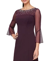 Alex Evenings Stretch Crepe Beaded Illusion Round Neck 3/4 Bell Sleeve Sheath Dress