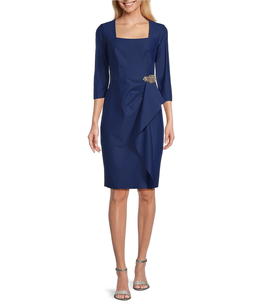 Alex Evenings Stretch Jersey Scuba Square Neck 3/4 Sleeve Embellished Cascade Hip Sheath Dress