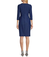 Alex Evenings Stretch Jersey Scuba Square Neck 3/4 Sleeve Embellished Cascade Hip Sheath Dress